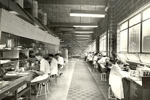 A black and white photograph of a Sloan Kettering Institute laboratory taken in 1948